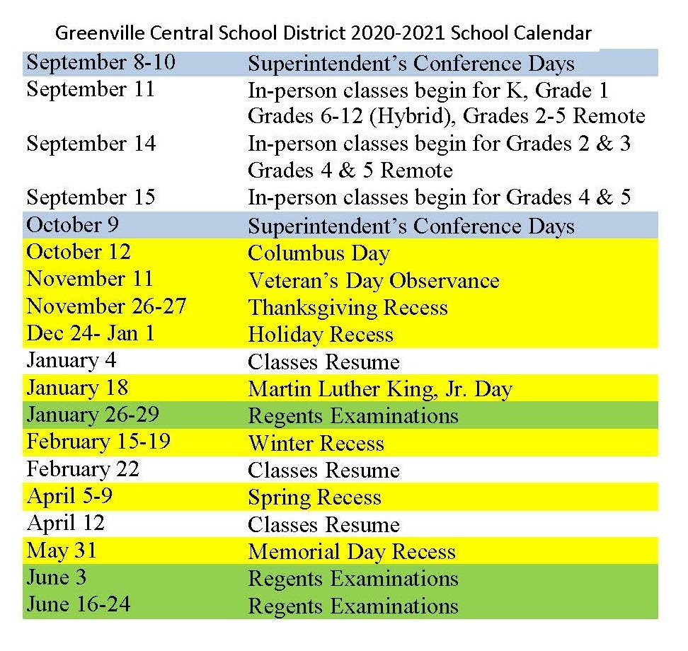 20 21 School Calendar Revised Greenville Central School District