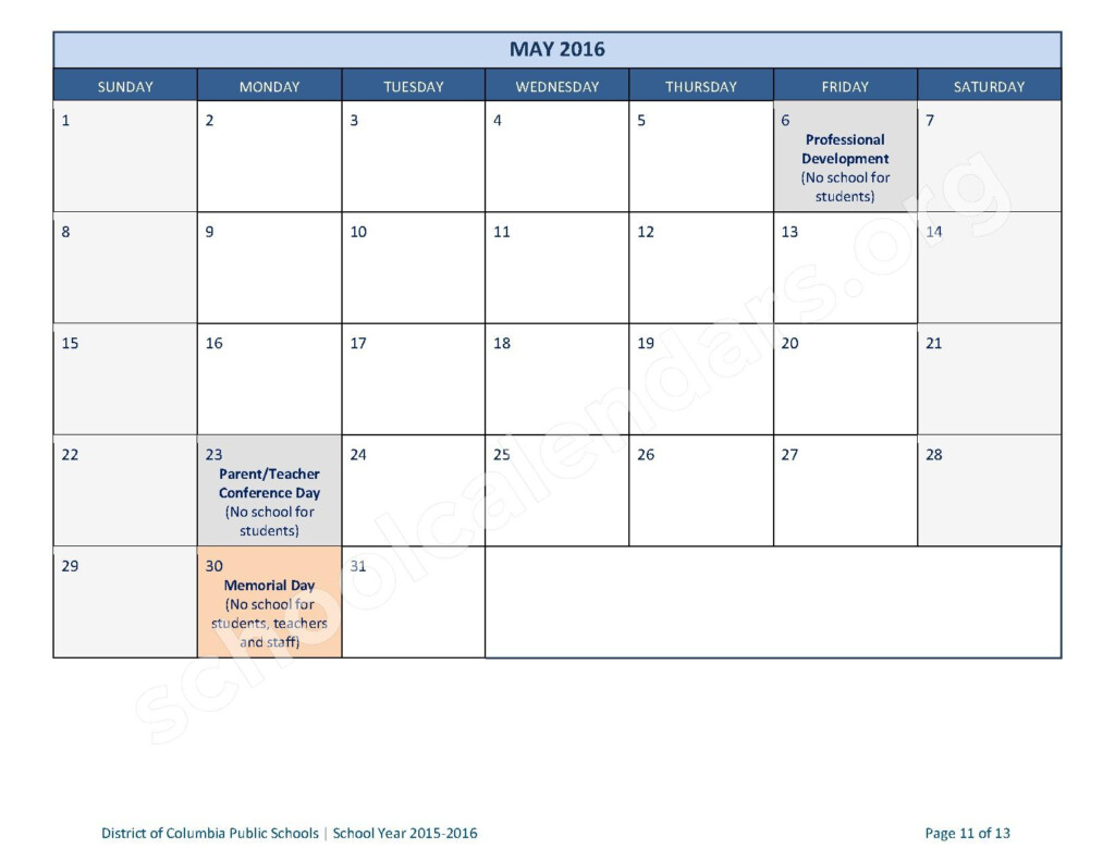 2015 2016 Monthly Calendar District Of Columbia Public Schools 