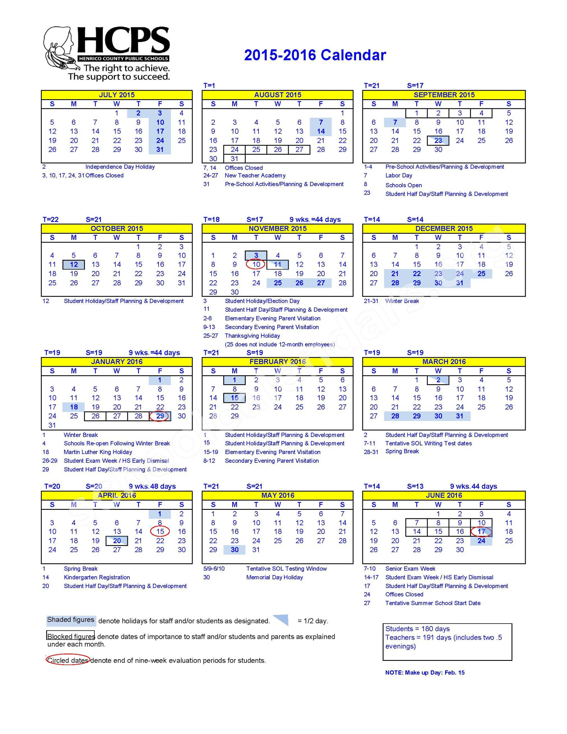 2015 2016 School Calendar Henrico County Public Schools Richmond VA