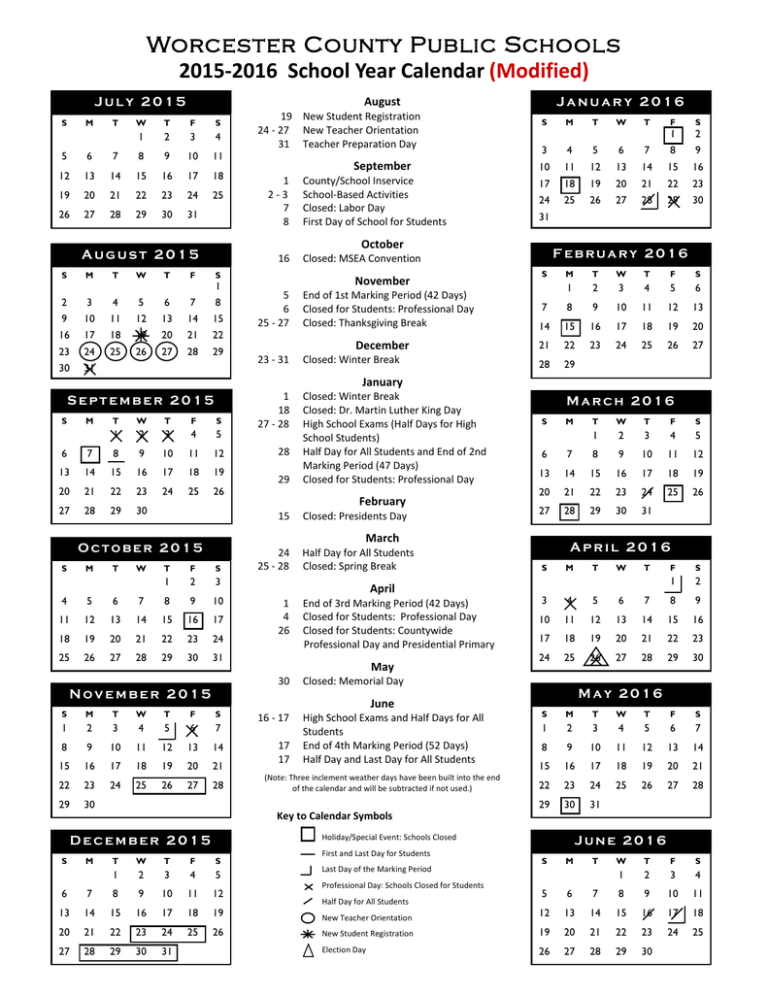 2015 2016 Worcester County School Calendar