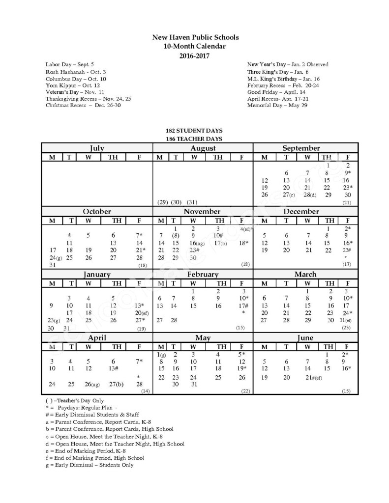 2016 2017 10 Month Calendar New Haven Public Schools New Haven CT