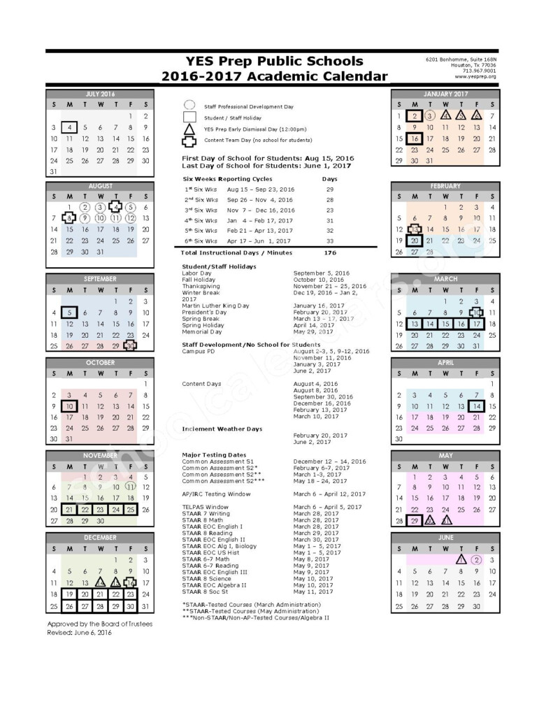 2016 2017 Academic Calendar Yes Prep Public Schools Houston TX