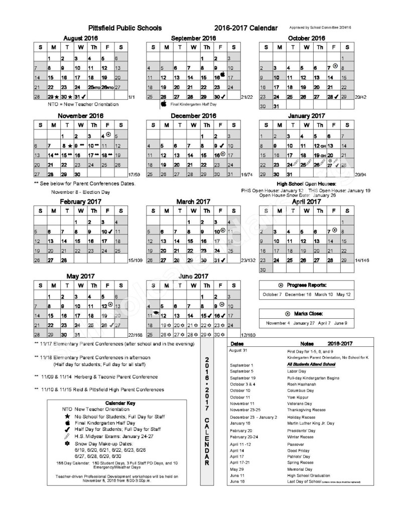 2016 2017 Calendar Pittsfield Public Schools Pittsfield MA