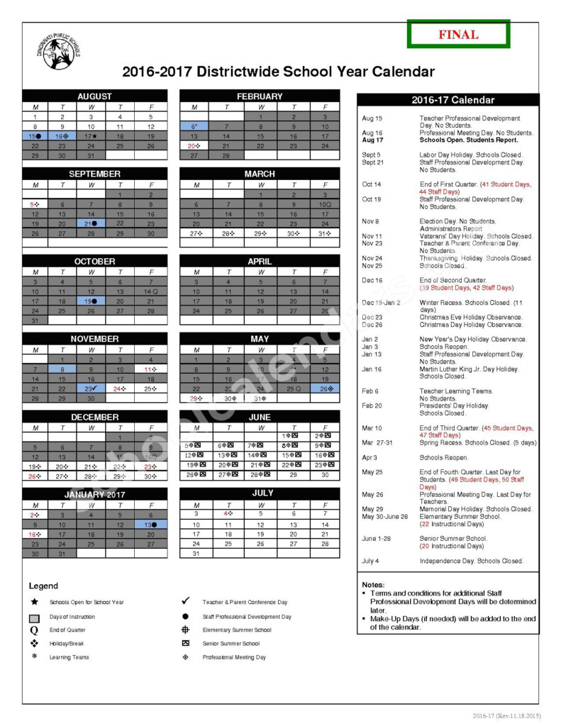 2016 2017 CPS Calendar Cincinnati Public Schools Cincinnati OH