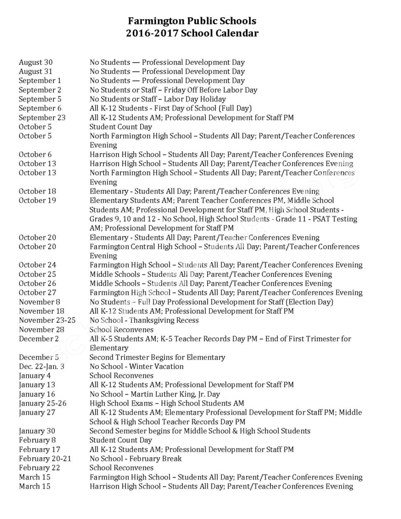 2016 2017 District Calendar Beechview Elementary School 