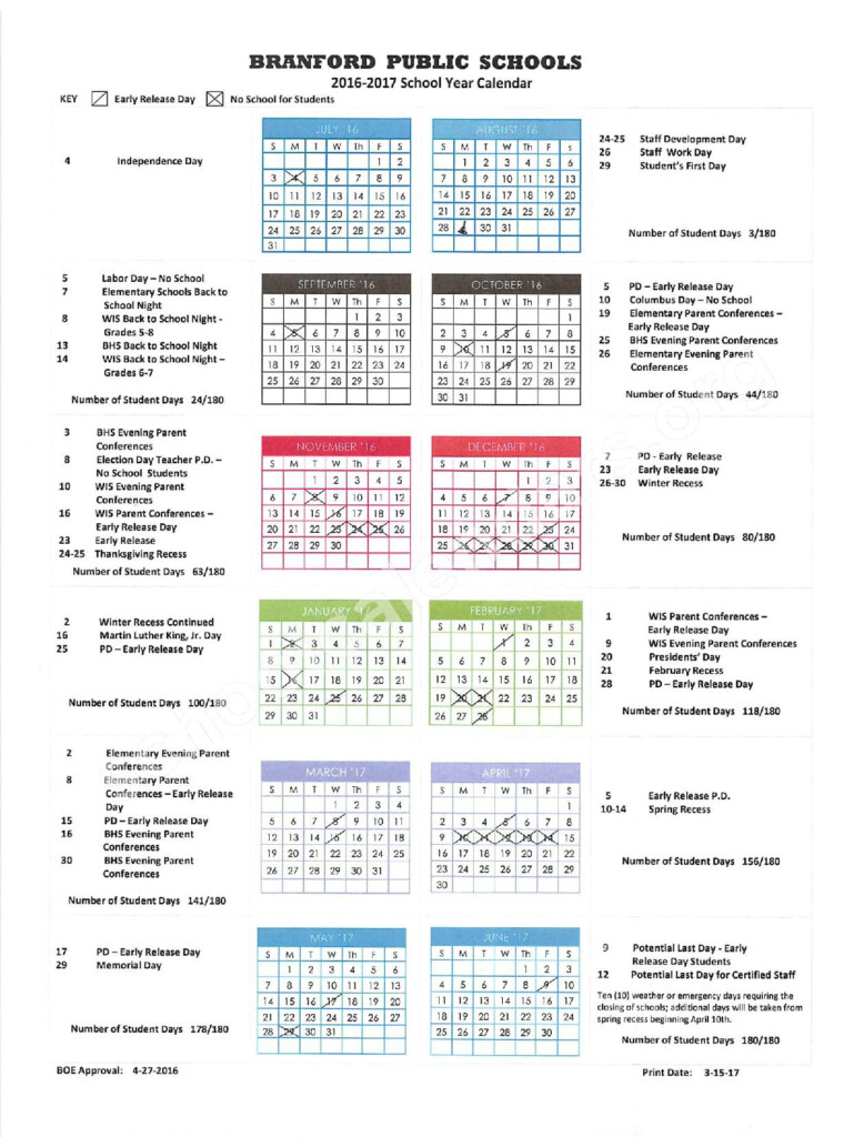 2016 2017 District Calendar Branford Public Schools Branford CT