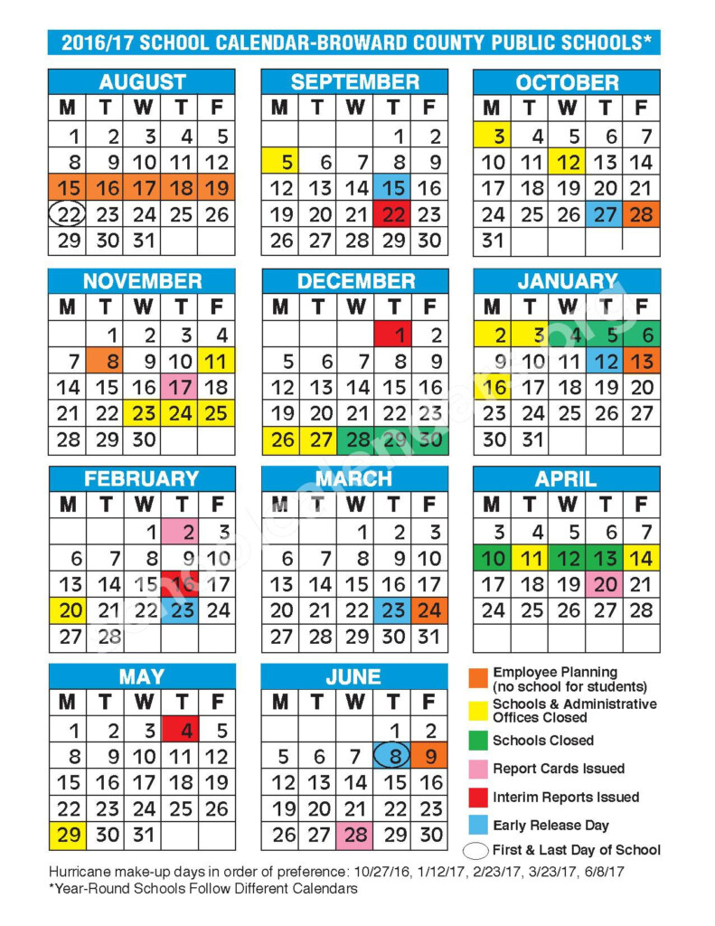 2016 2017 School Calendar Broward County Public Schools Fort 