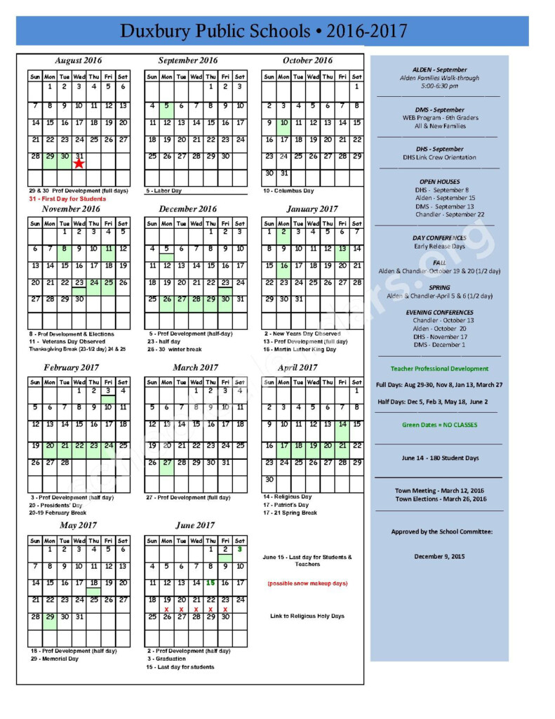 2016 2017 School Calendar Duxbury Public Schools Duxbury MA