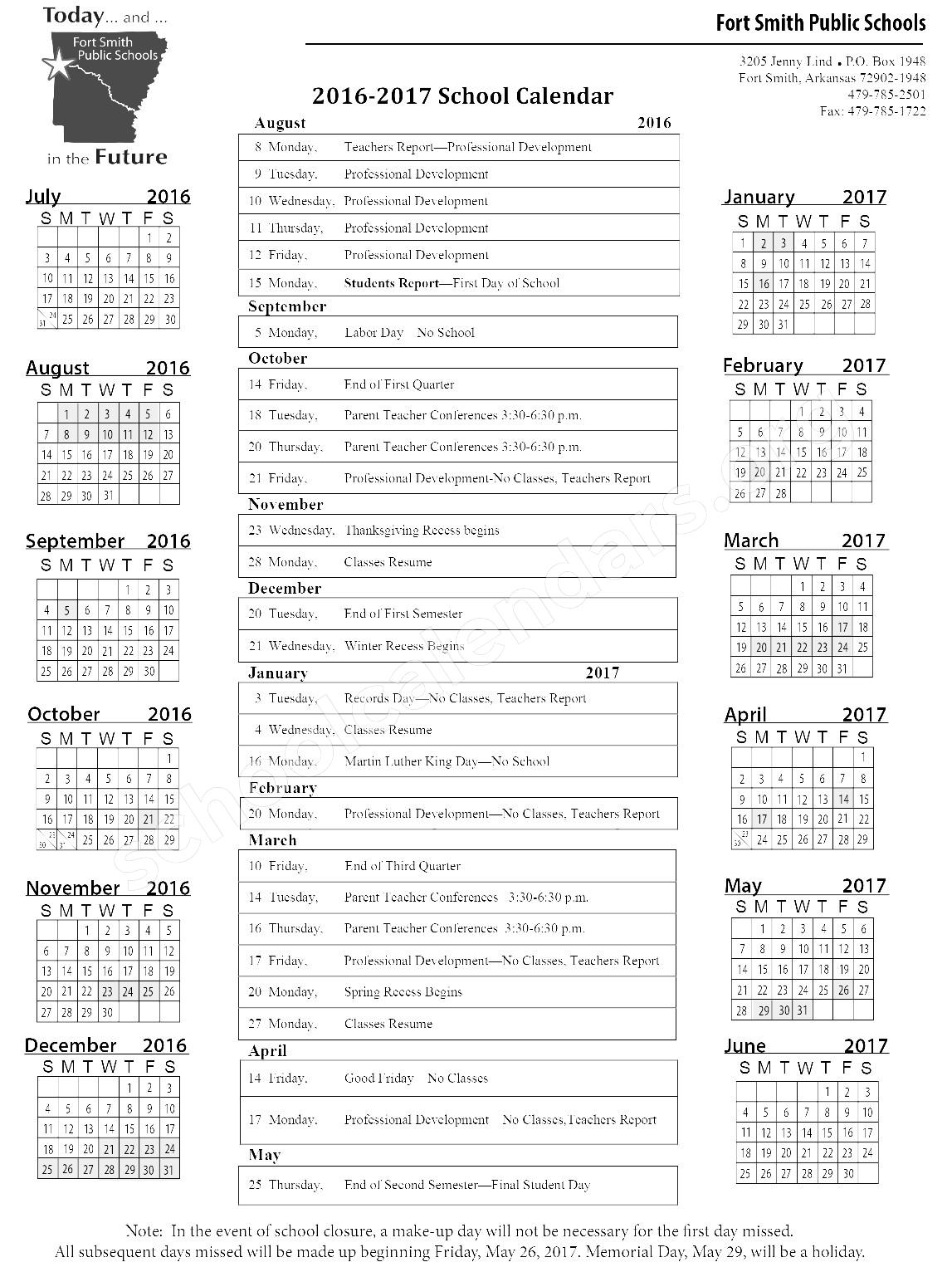 2016 2017 School Calendar Fort Smith Public Schools Fort Smith AR