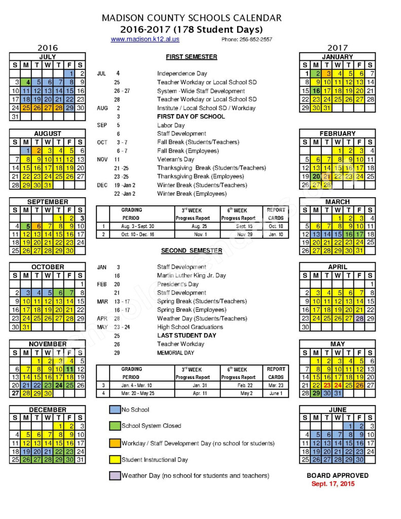 2016 2017 School Calendar Madison County Schools Huntsville AL