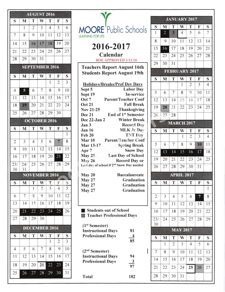 2016 2017 School Calendar Moore Public Schools Moore OK