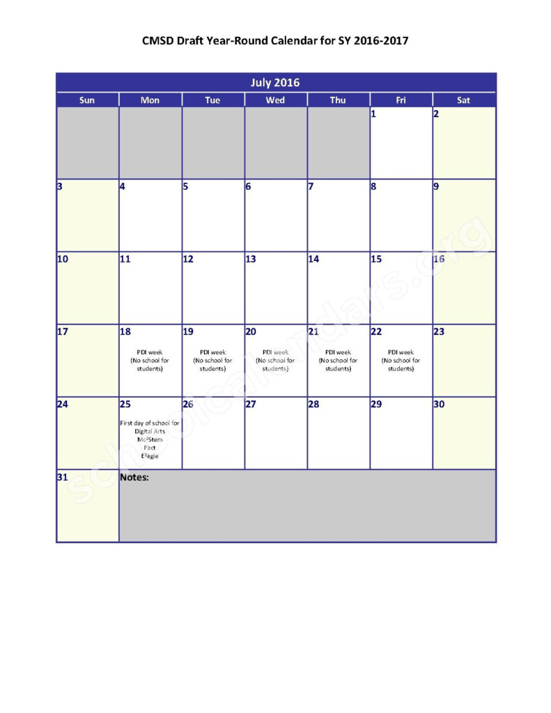 2016 2017 Year Round School Calendar Cleveland Metropolitan School 