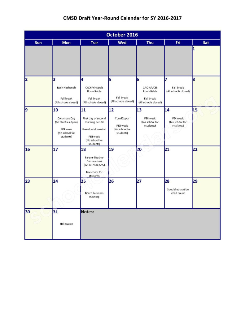 2016 2017 Year Round School Calendar Cleveland Metropolitan School 