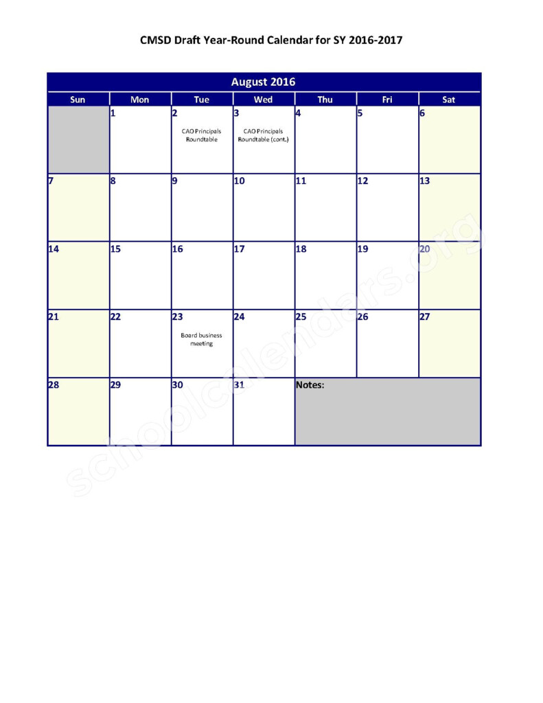 2016 2017 Year Round School Calendar Cleveland Metropolitan School 