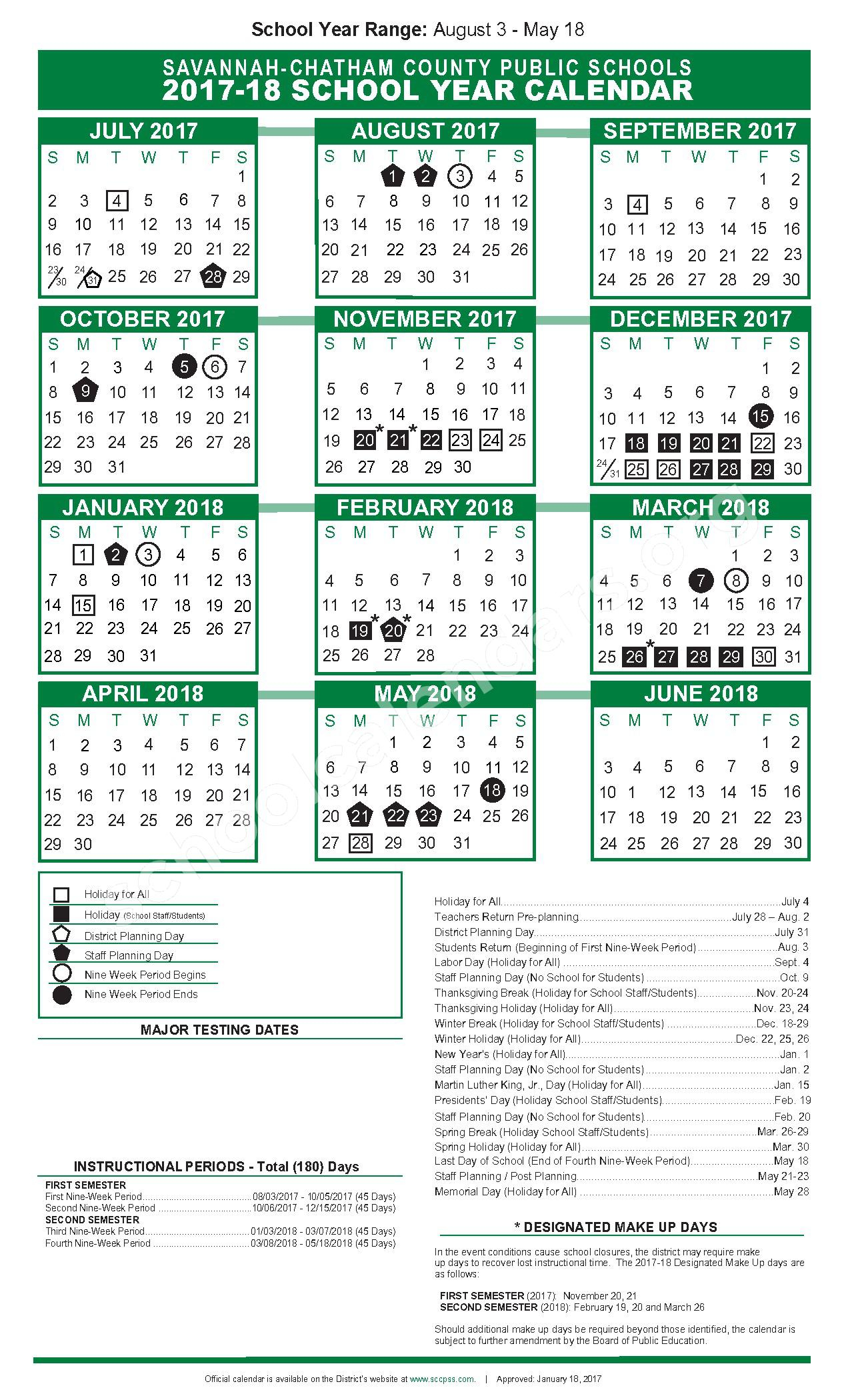 2017 2018 Academic Calendar Chatham County School District