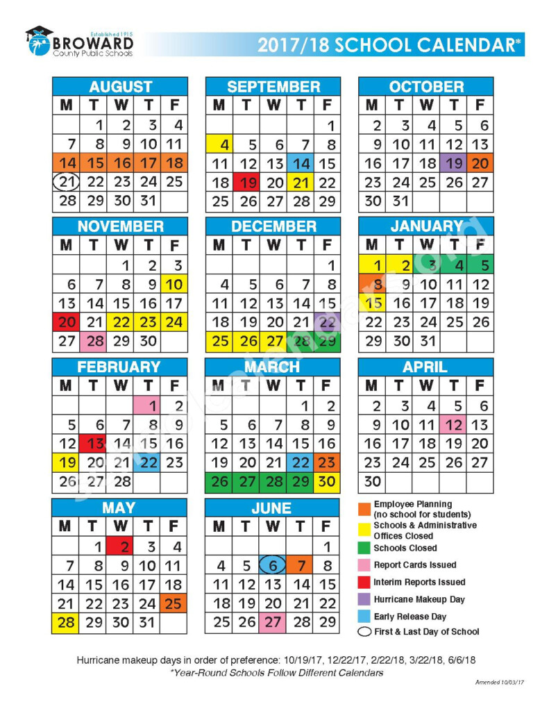 2017 2018 District Calendar Broward County Public Schools Fort 