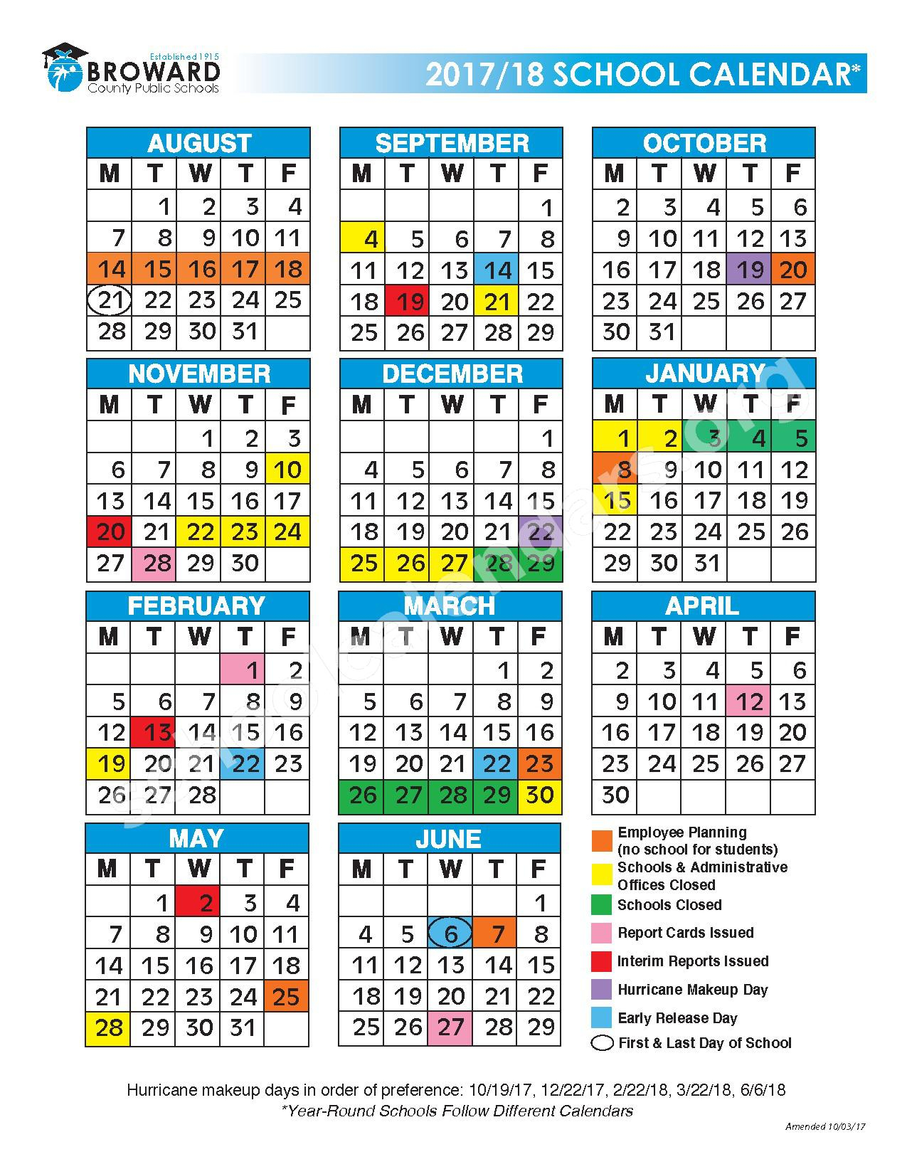 2017 2018 District Calendar Broward County Public Schools Fort