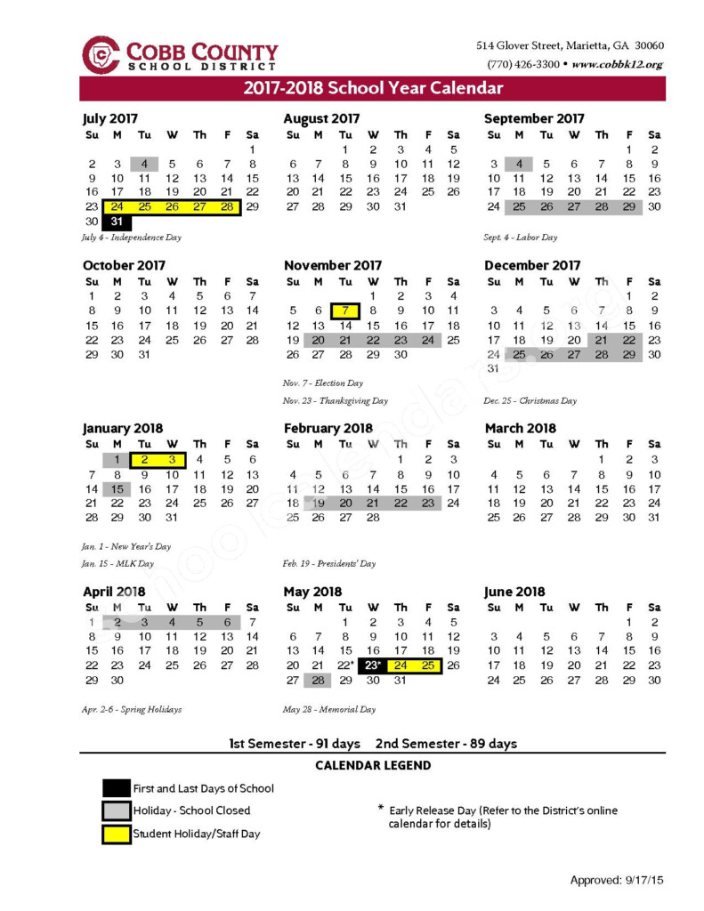 2017 2018 District Calendar Cobb County School District Marietta GA