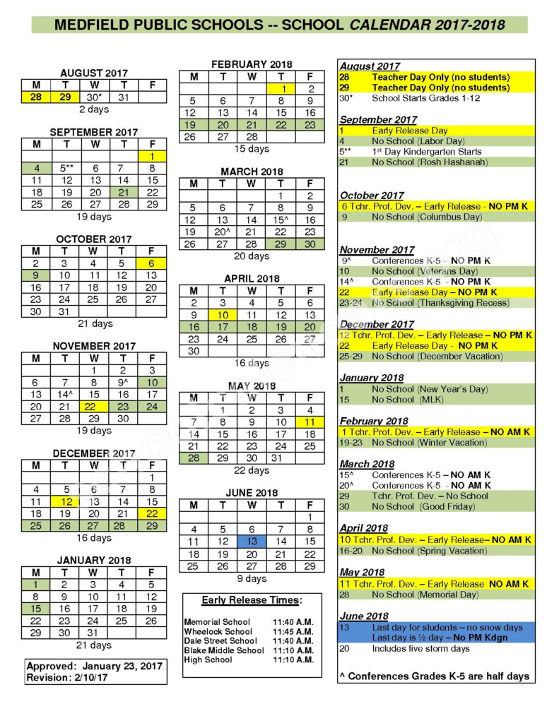 2017 2018 District Calendar Medfield Public Schools Medfield MA