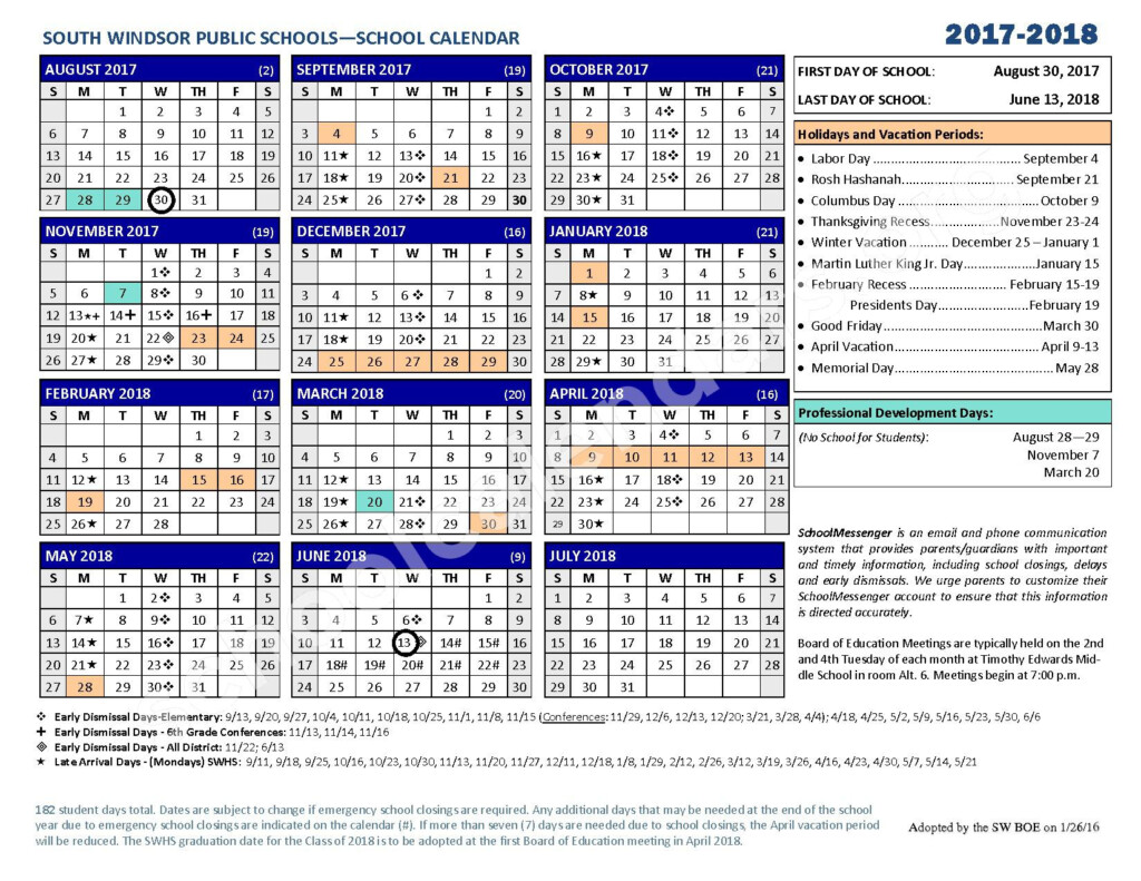 2017 2018 District Calendar South Windsor Public Schools South 