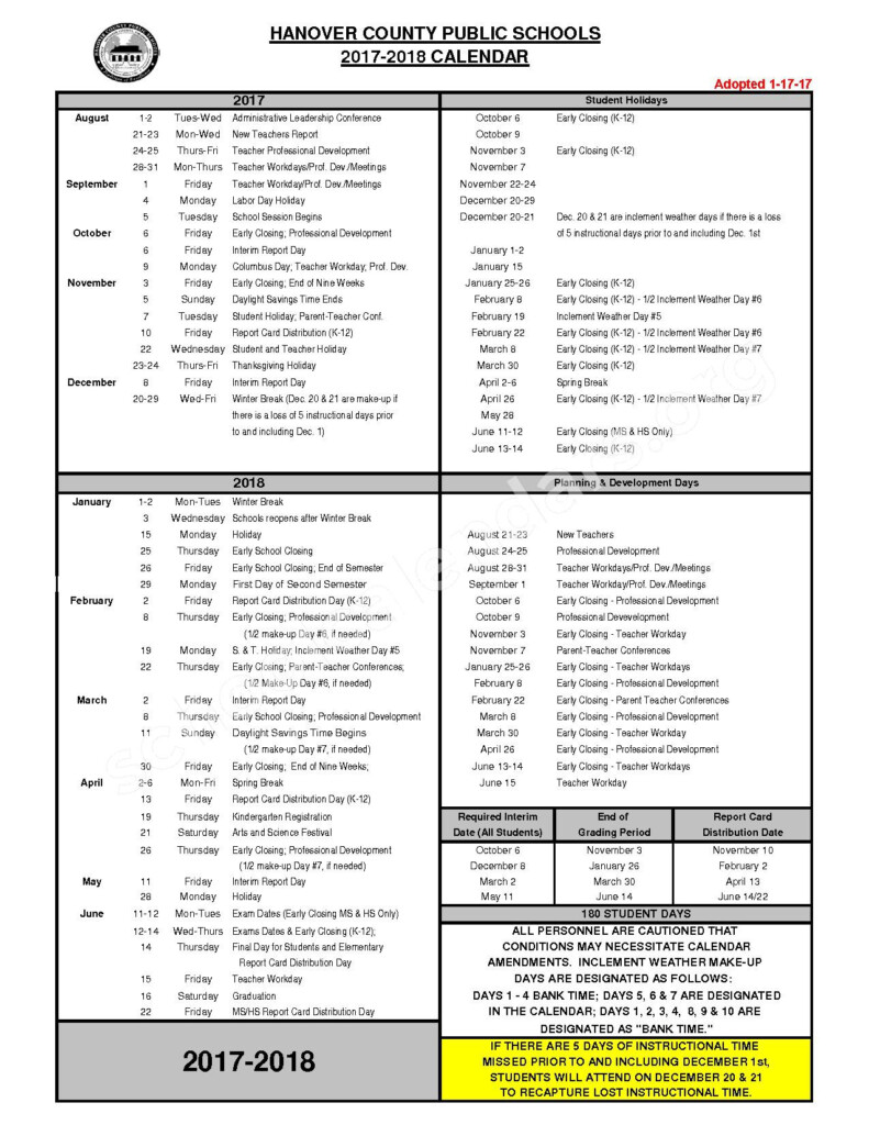 2017 2018 HCPS Calendar Hanover County Public Schools Ashland VA