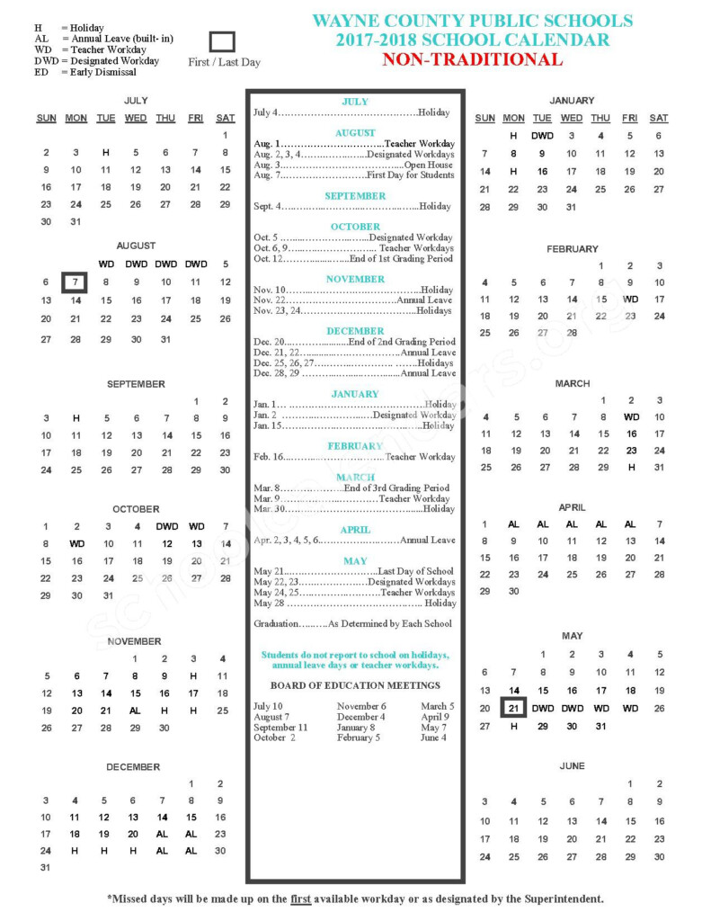 2017 2018 Non Traditional Academic Calendar Wayne County Public 