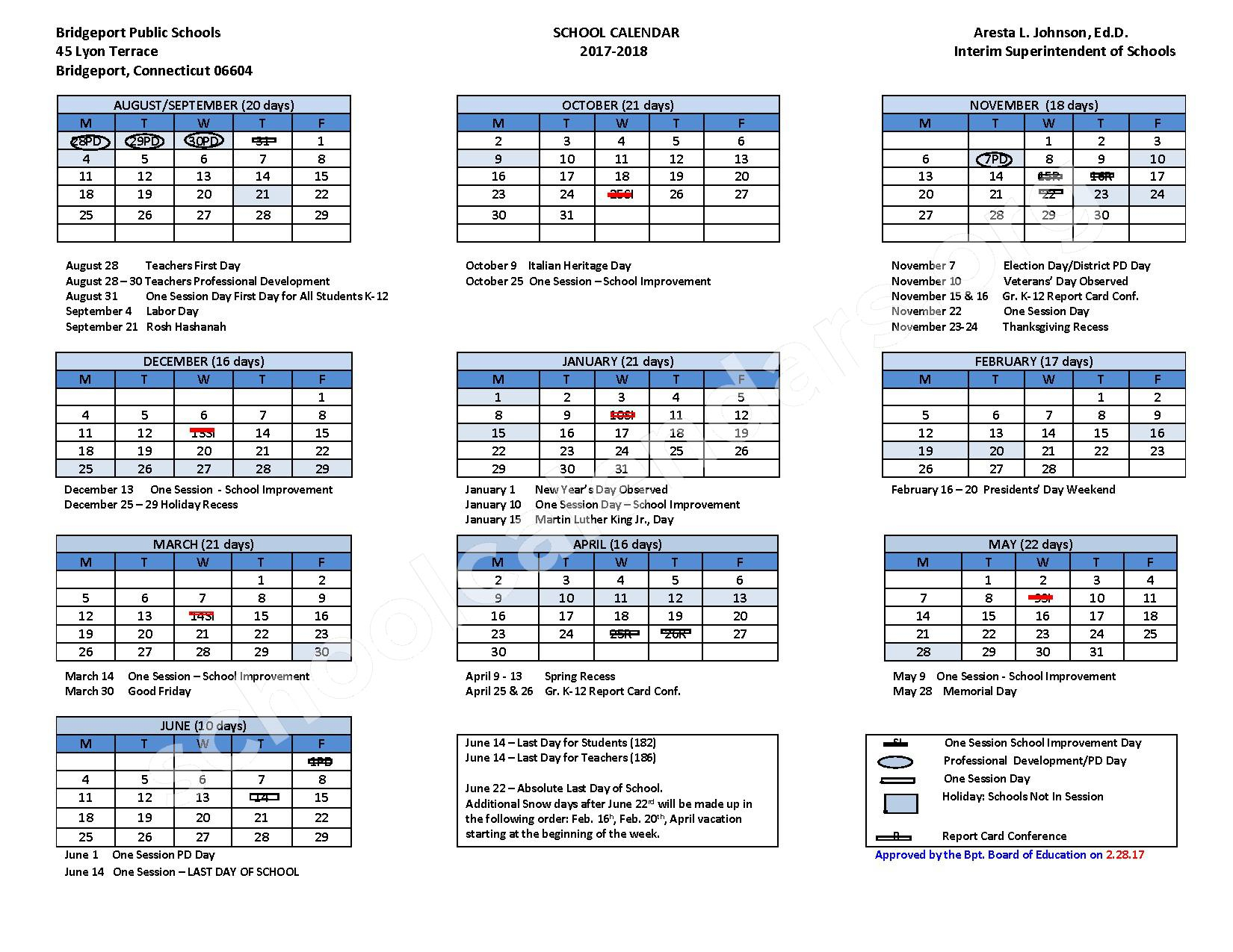 2017 2018 School Calendar Bridgeport School District Bridgeport CT