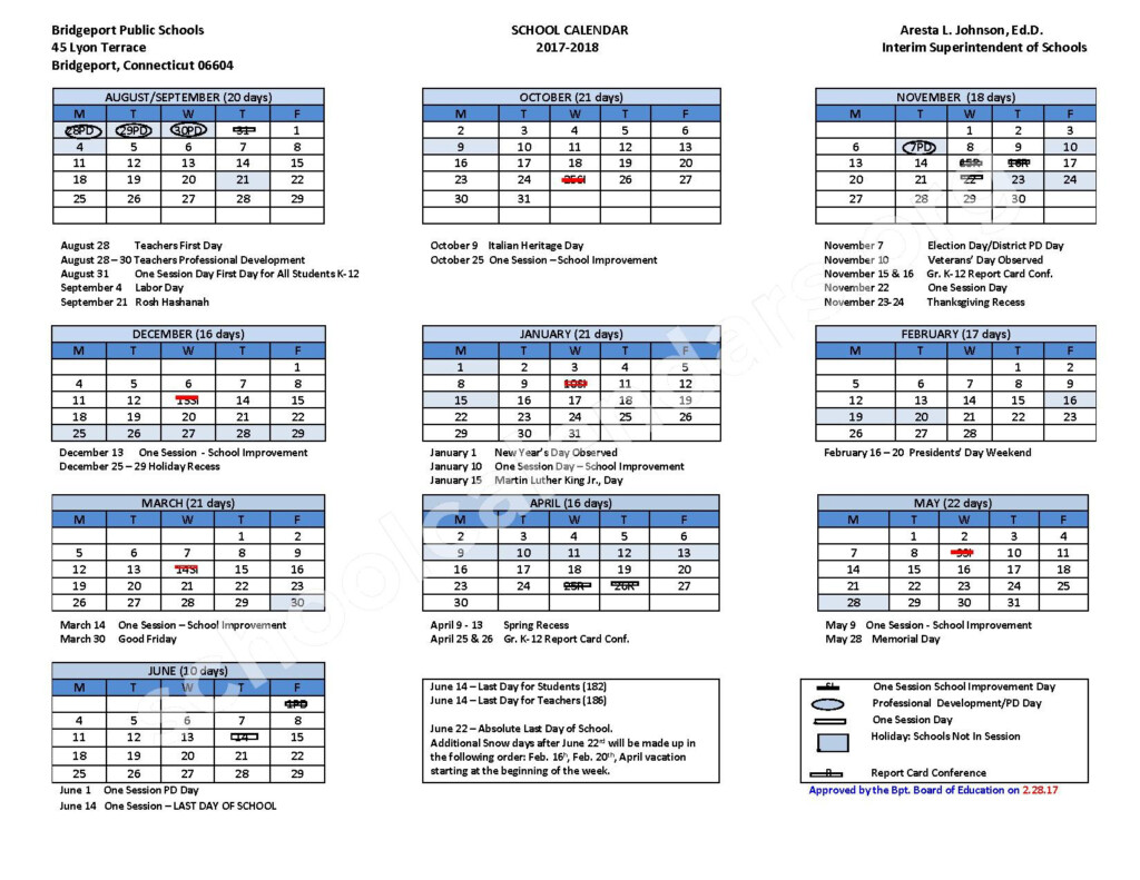 2017 2018 School Calendar Bridgeport School District Bridgeport CT