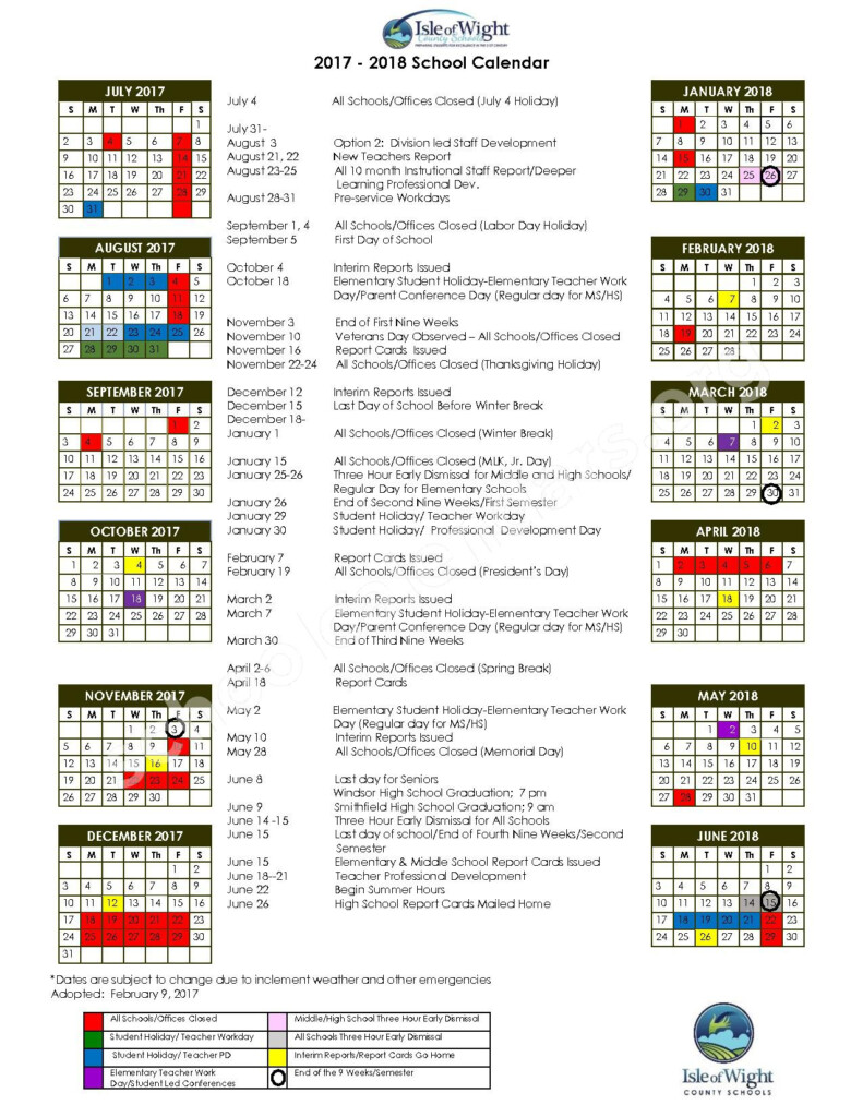 2017 2018 School Calendar Isle Of Wight County Public Schools 