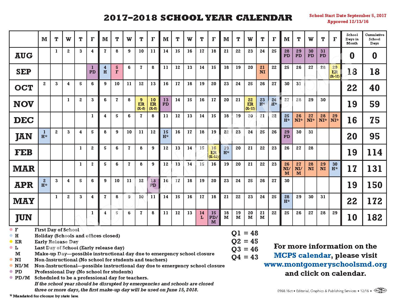 2017 2018 School Calendar Montgomery County Public Schools