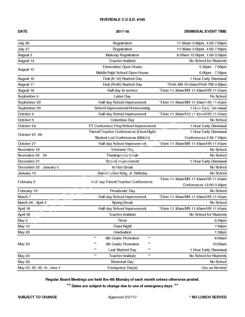 2017 2018 School Calendar Riverdale Elementary School Port Byron IL