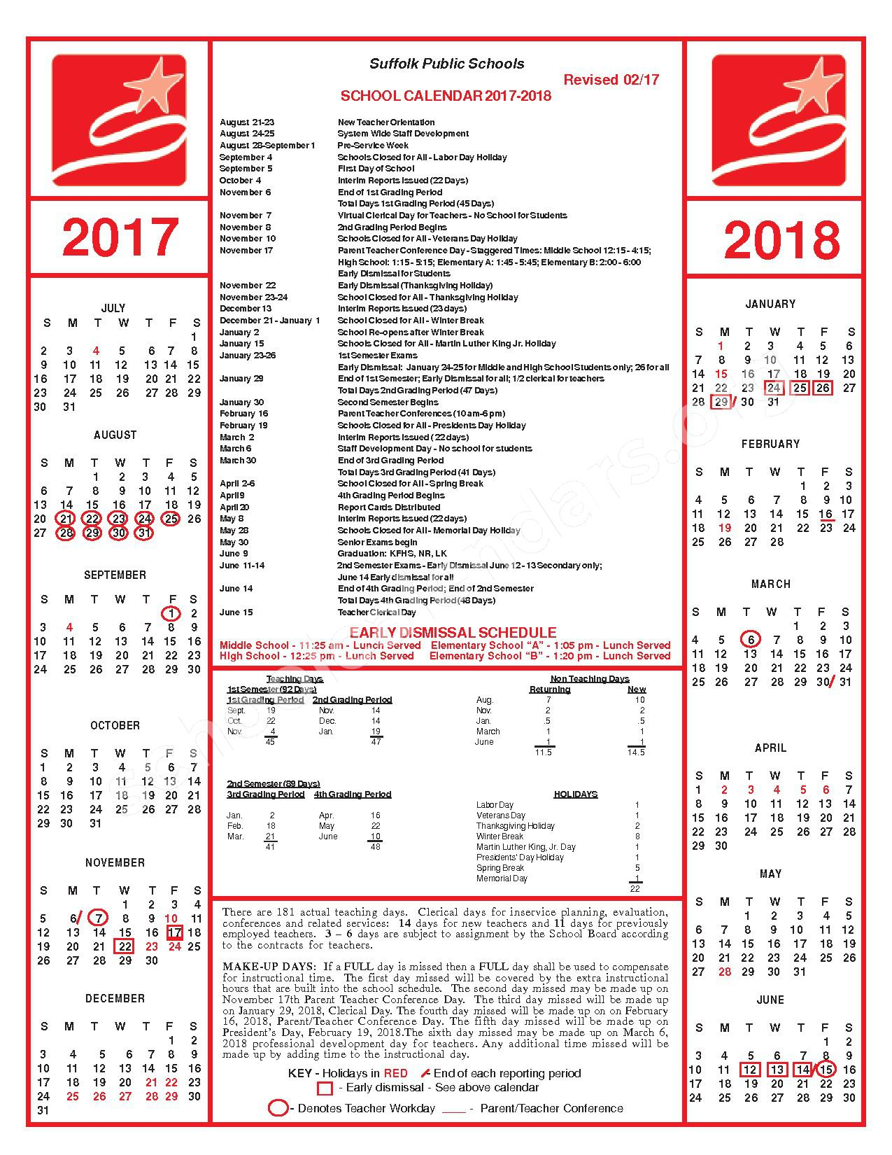 2017 2018 School Calendar Suffolk Public Schools Suffolk VA