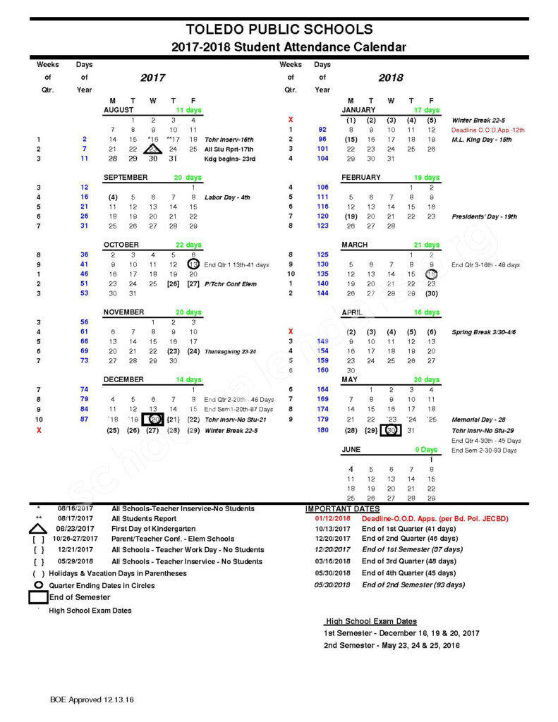 2017 2018 School Calendar Toledo Public Schools Toledo OH