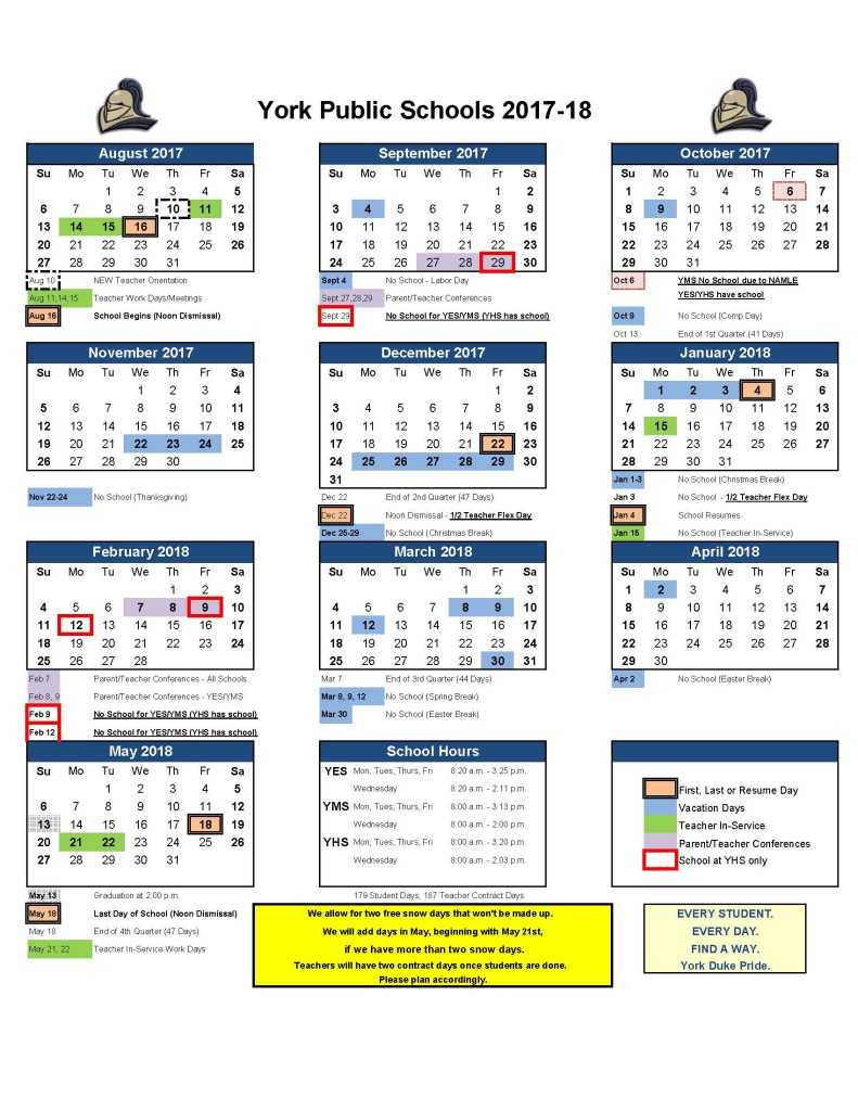 2017 2018 school calendar York Public Schools