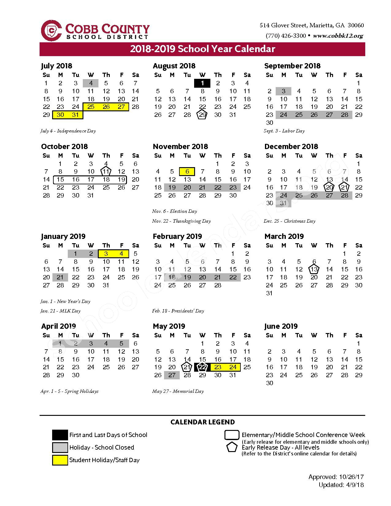 2018 2019 District Calendar Cobb County School District Marietta GA