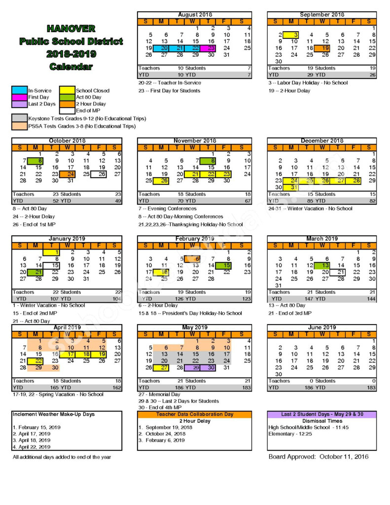 2018 2019 District Calendar Hanover Public School District 