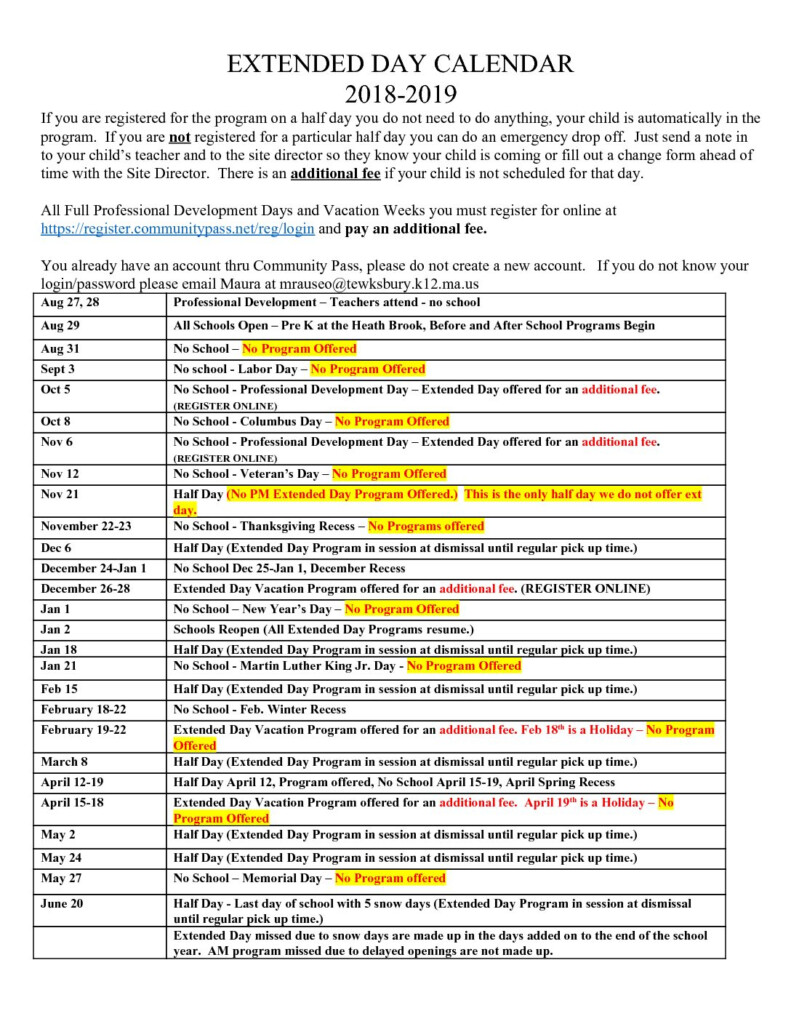 2018 2019 Extended Day Calendar Tewksbury Public Schools