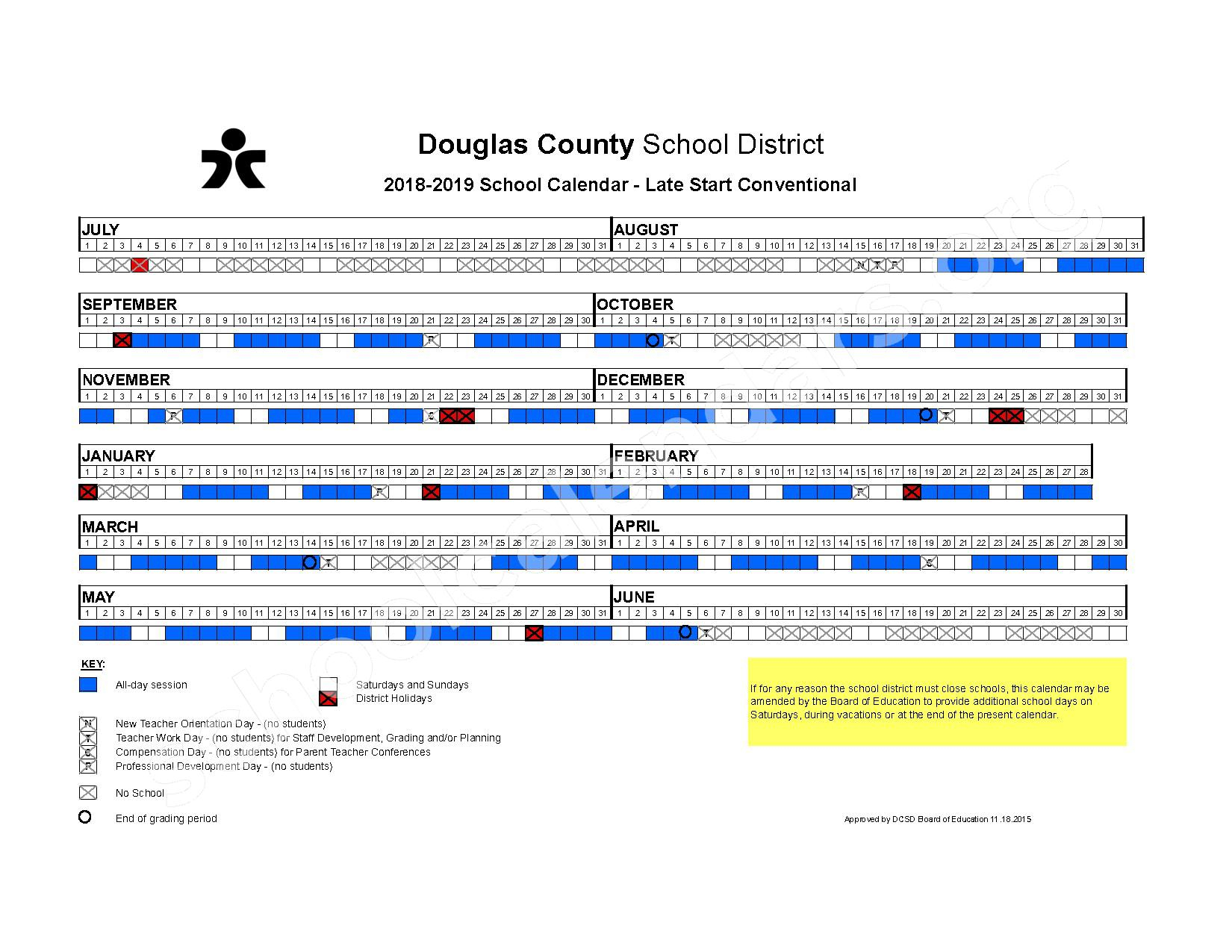 2018 2019 Late Start Conventional Calendar Douglas County School