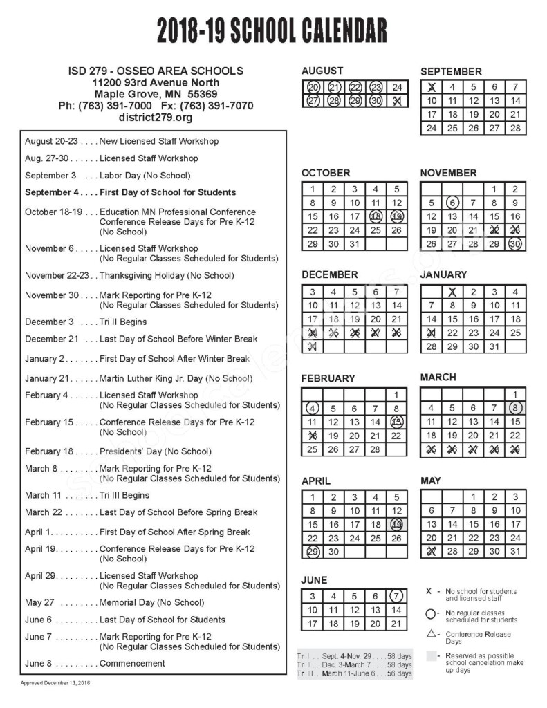 2018 2019 School Calendar Osseo Public School District Maple 