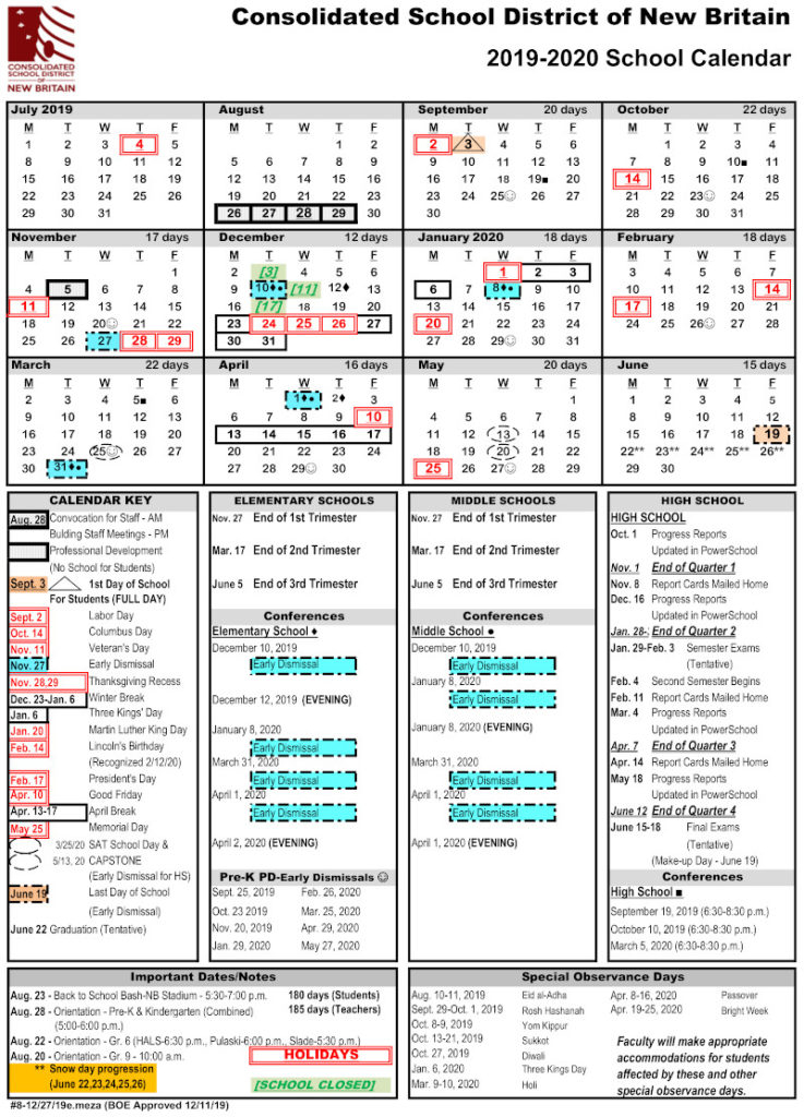 2019 2020 School Year Calendar Available New Britain Progressive