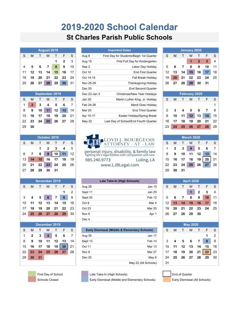 2019 2020 St Charles Parish Public Schools Printable Calendar School 