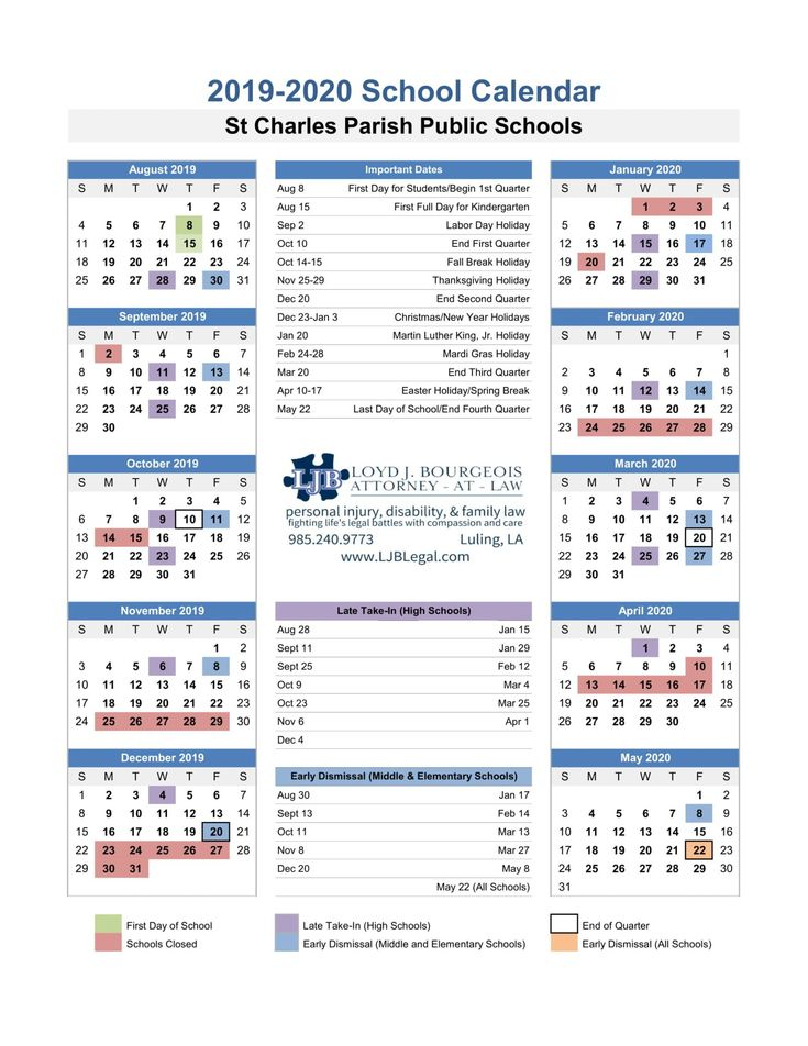 2019 2020 St Charles Parish Public Schools Printable Calendar School