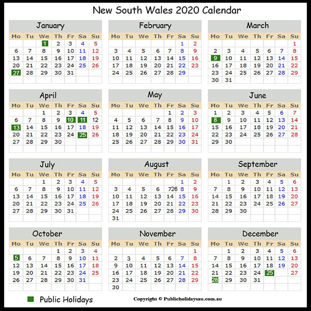 2020 Public Holidays Nsw