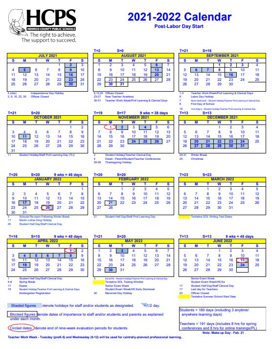 2021 22 Calendar Henrico County Public Schools