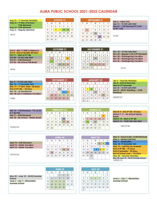 2021 22 School Calendar Alma Public Schools