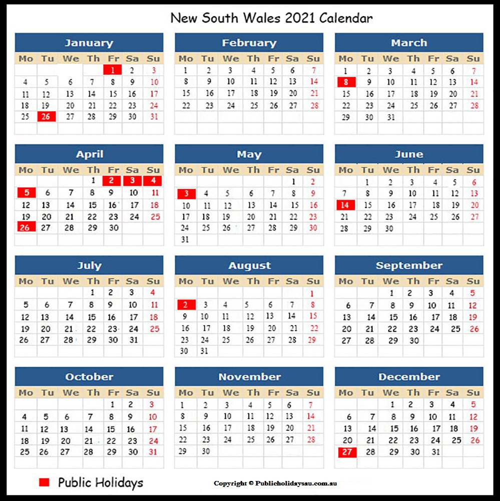 2021 Public Holidays Nsw