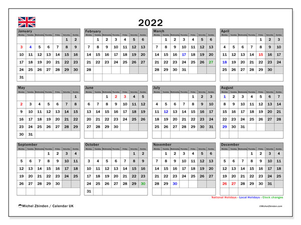 2022 Calendars Public Holidays Michel Zbinden EN