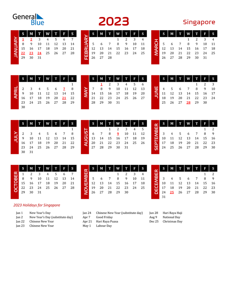 2023 Singapore Calendar With Holidays