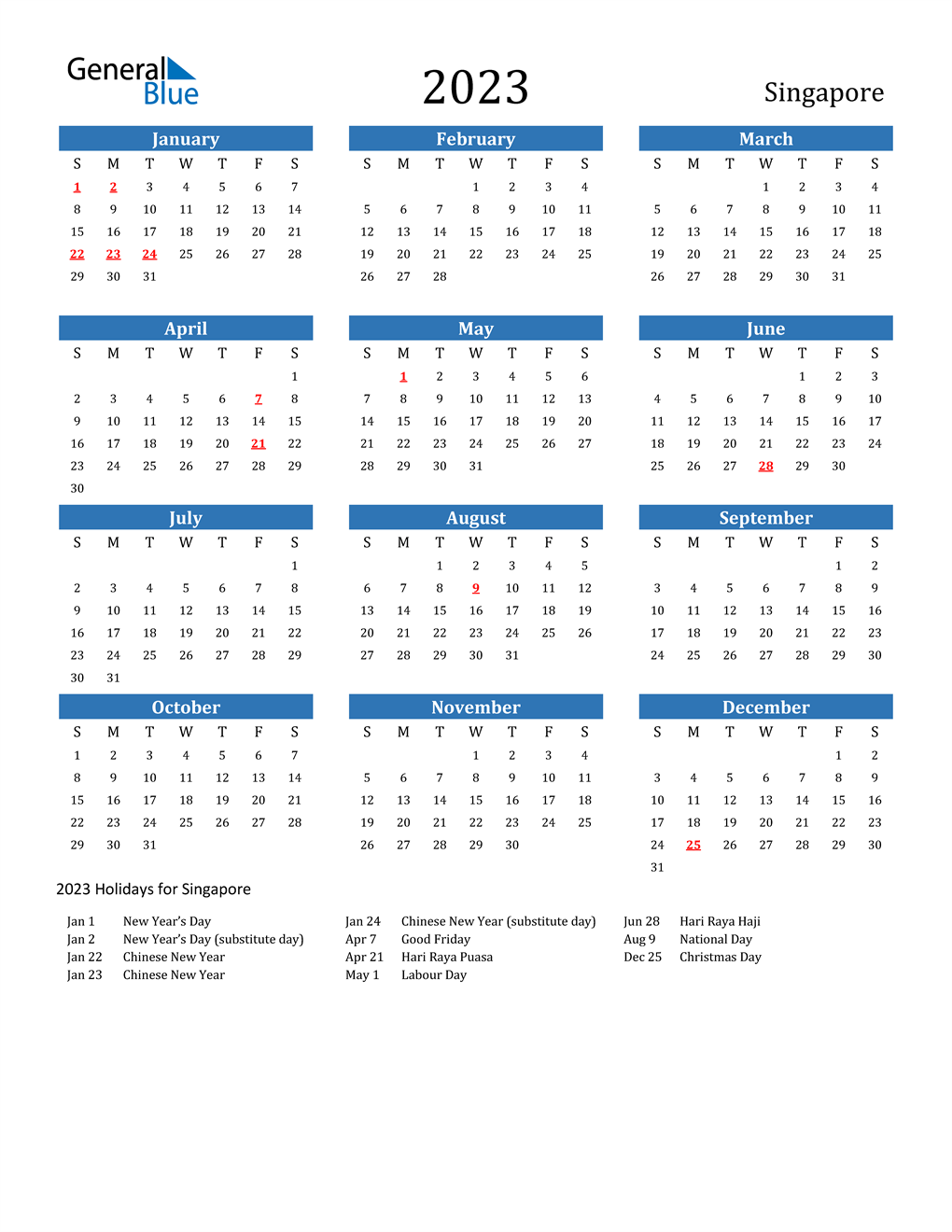 2023 Singapore Calendar With Holidays