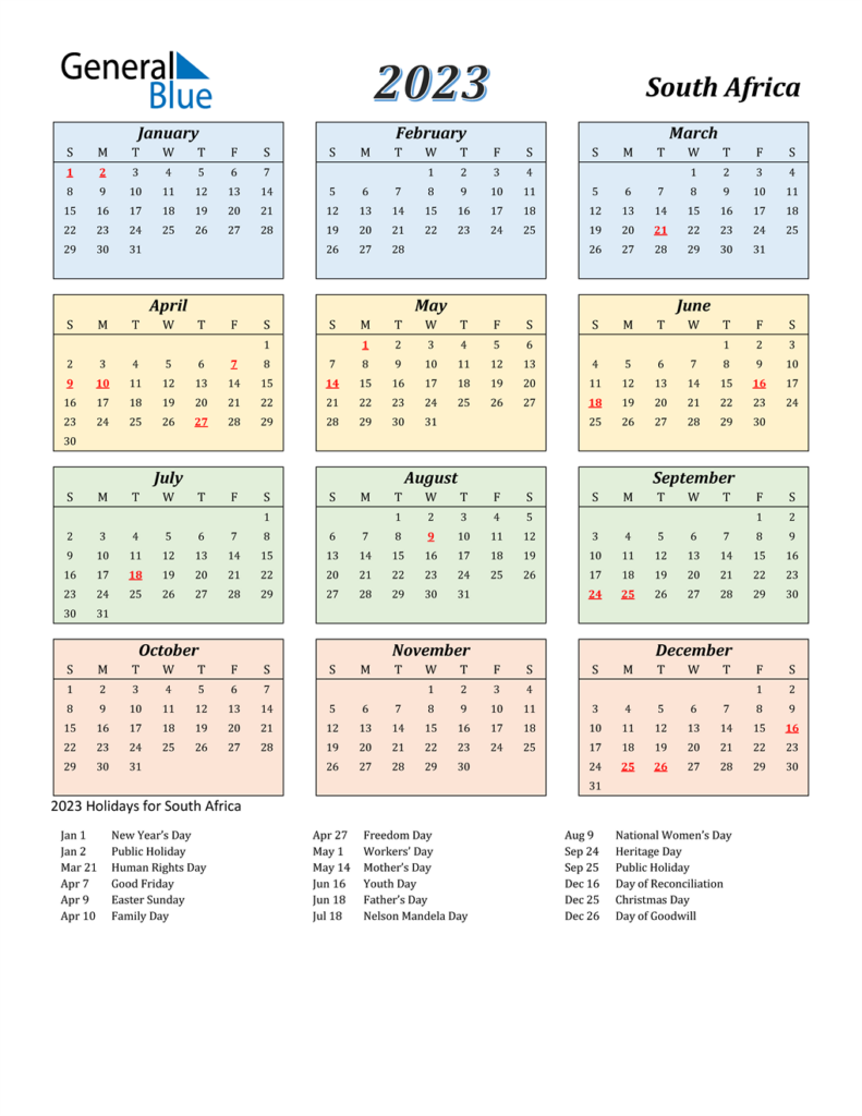 2023 South Africa Calendar With Holidays